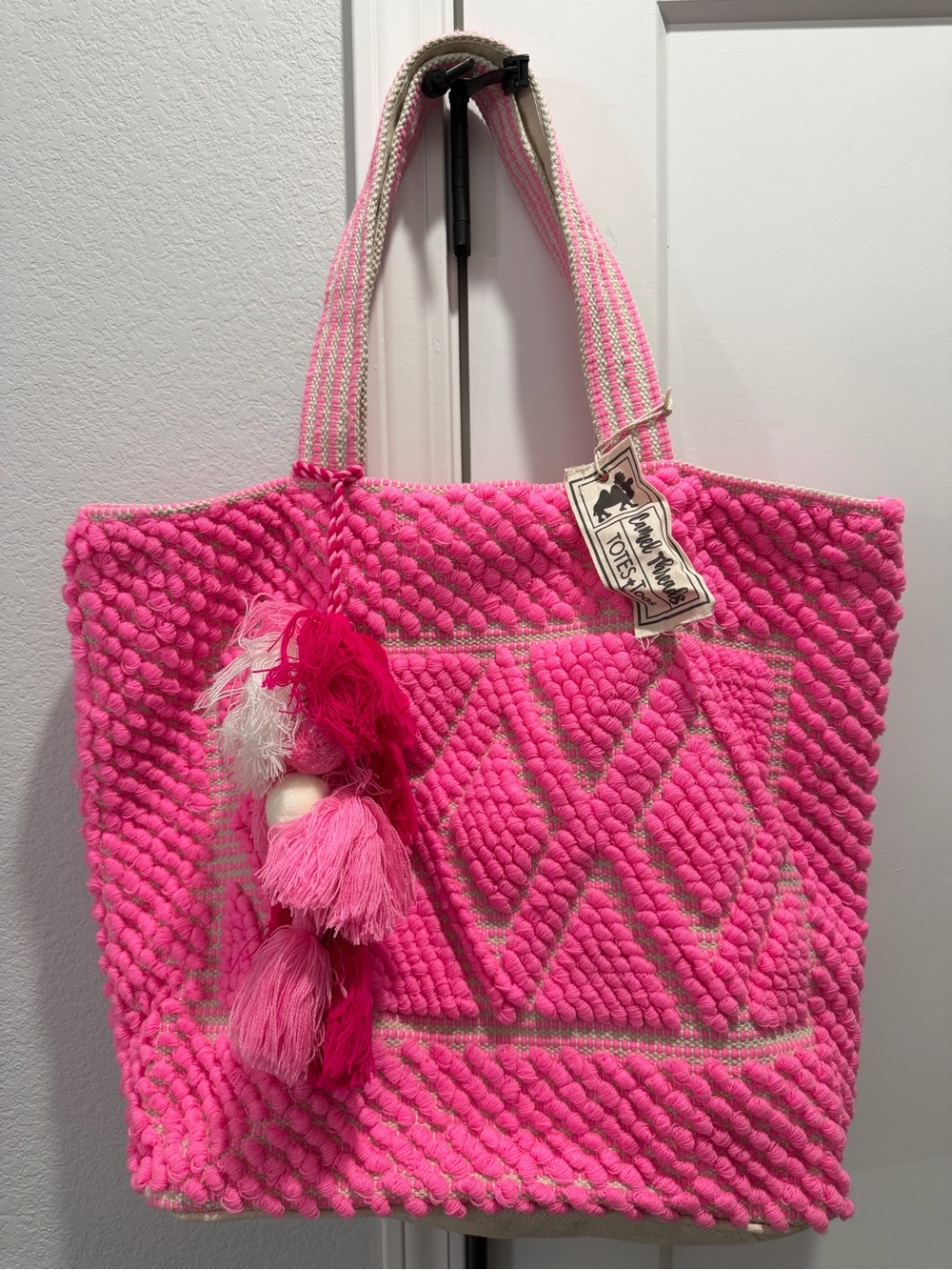 Camel Threads Bubblegum Pink Large Textured Bohemian Beach Bag Woven Tassel Tote